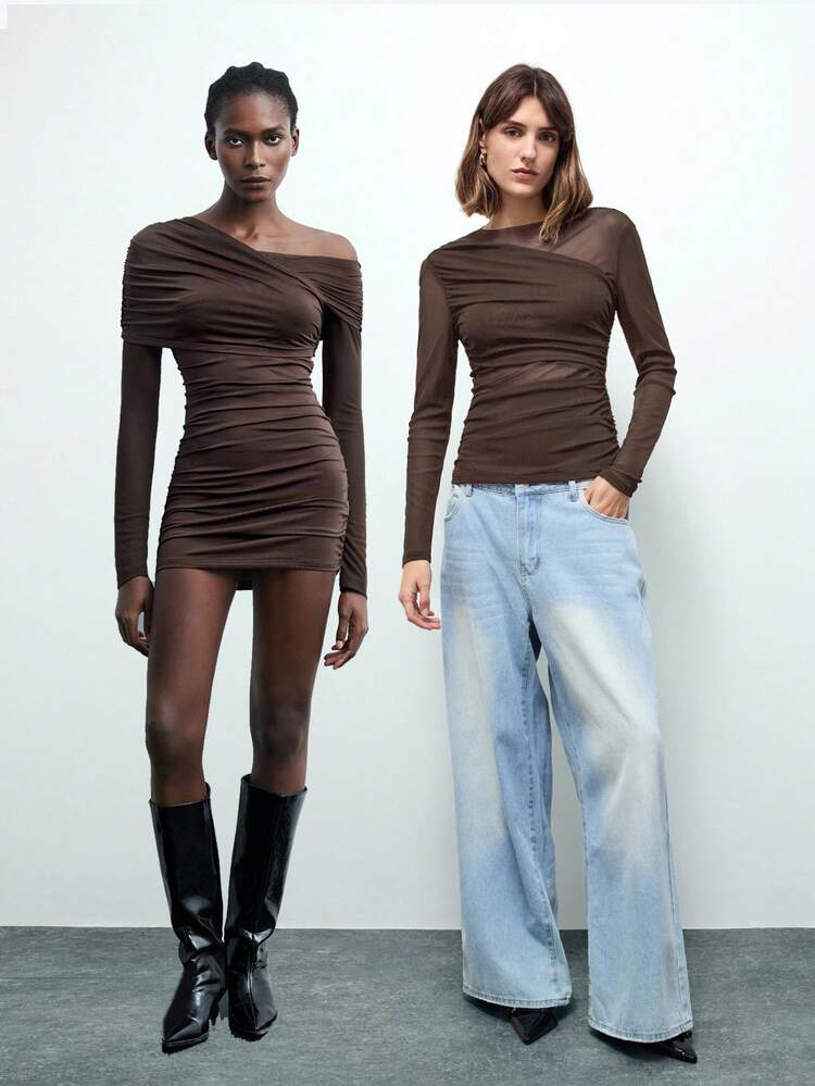 SHEIN Maija 2026 Women's Autumn Solid Color Ruched Asymmetric Bodycon Dress Brown  St Patrick's Day Women Easter Summer Outfits Easter Dress Women Party Top Beach Dress Summer Holiday Outfits Each Vacation Outfits For Women  Summer Outfit For Women Going Out Outfits Graduation Graduation Outfit  Casual Dresses  Casual Blouses For Women