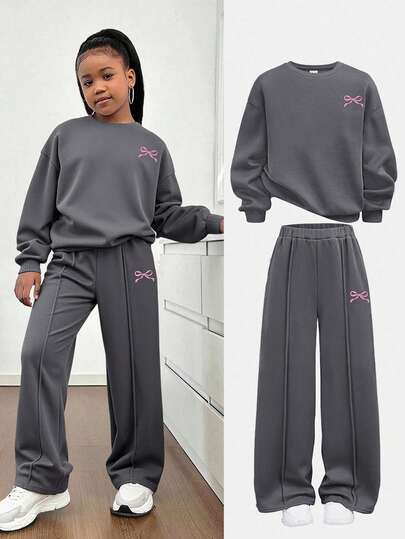 Tween Girls Casual Bow Print Knit Solid Color Loose Drop Shoulder Long Sleeve Sweatshirt And Wide Leg Sweatpants Set Girl Sweatpants Set Tween Girls Y2k Outfit Set Winter Cozy Fall & Winter Styles Suitable For Daily, Celebration, Autumn & Winter Outfits For Easy Comfort, Autumn & Winter Layers For Girls, Stylish Girls
