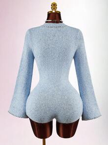 Amplova Women's Elegant Bell Sleeve Knit Blended Jumpsuit, Suitable For Commuting, Party, And Dates, Autumn/Winter Tweed Baby Blue Outfit Women