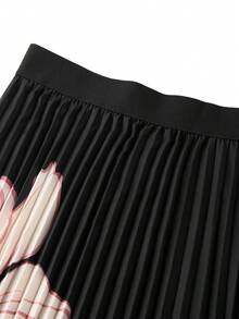 Ellevyn Women's Floral Print Elastic Waist Fashionable Elegant Pleated Midi Skirt - Black - View 3