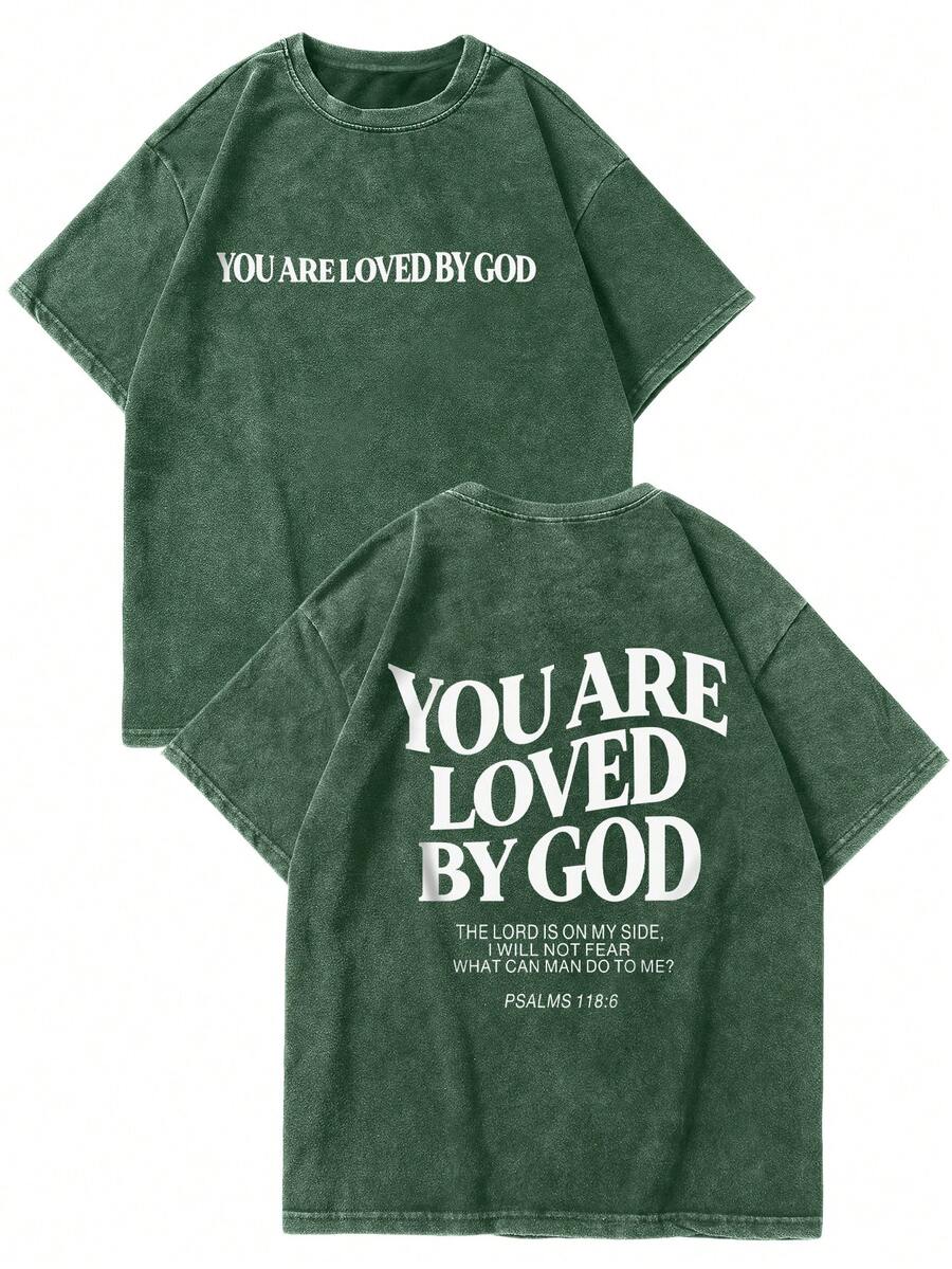 Manfinity EMRG 男士标语印花圆领短袖宽松休闲做旧T恤 - 綠色 - 查看 1