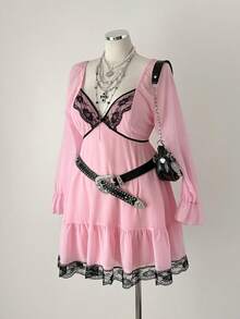 Sunspun New Elegant Sweet Going Out Tops, Chiffon Fabric Contrast Lace Bow Decor Bubble Long Sleeve Dress, Ruffle Hem Short Skirt, Spring/Summer/Fall - Pink - View 5