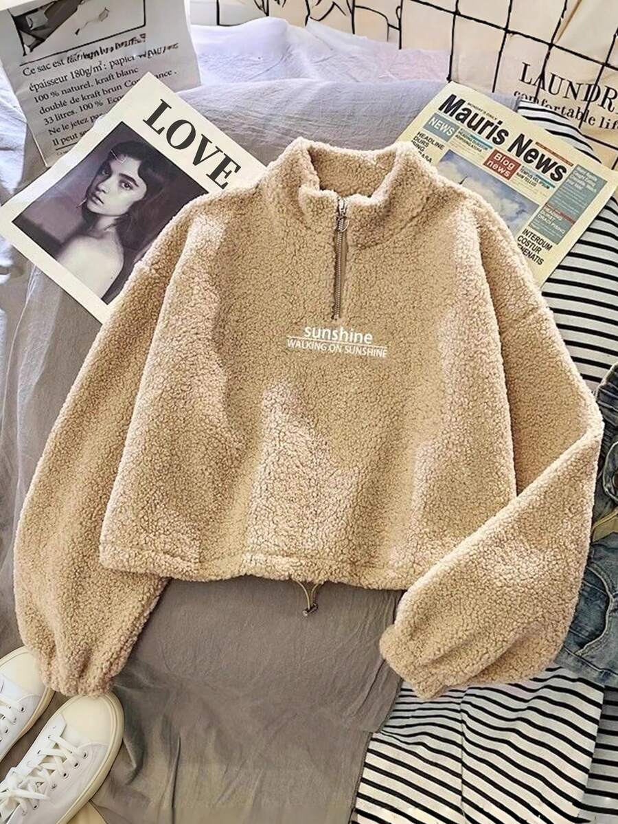 INAWLY Women Plush Long Sleeve Casual Loose Turtleneck Top, Korean Style - Khaki - View 1