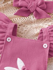 SHEIN Playful Pals Set de 2 piezas de body sin mangas para bebé con bordado de conejito lindo y decoración de pompones, para verano - Rosa Fucsia - Ver 7
