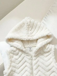 SHEIN 少女休闲街头风舒适双面抓绒连帽拉链短款无袖外套，黑色 - 米色 - 查看 4