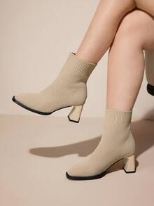CUCCOO CURVES Women's Fashionable Elegant Commuter Thick High Heel Boots - Beige - View 1