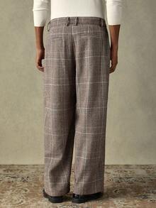 SWAVVY 男士时尚格子宽松裤，秋冬格子裤，男士阔腿裤，复古裤，男士褶裥裤，男士褶裥裤，男士设计师裤，男士阔腿裤，男士褶裥西装裤，男士褶裥裤 - 棕色 - 查看 3