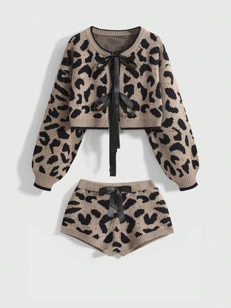 Kawaii 2 Stücke Leoparden-Muster Schleife Dekor Damen Pullover Set