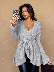 Islaluna Women's Basic Minimalist Elegant French Fashion Romantic Tie Front Cardigan - Light Grey - View 3