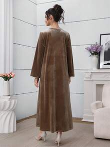 Al Najma Luxury Velvet Patchwork Embroidered Gold Trim Long Dress, Fall/Winter 2025 Kaftan Jalabiya Dress - Camel - View 2