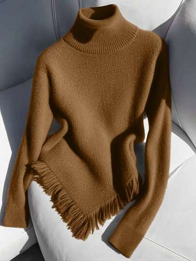 Franclia Suéter de punto de cuello alto único y casual para mujer, top ajustado de manga larga con diseño de flecos, otoño/invierno