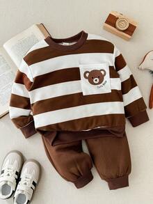 Blossori Young Boys' French Elegant Bear Patch Striped Crew Neck Sweatshirt And Jogger Pants Set - Multicolor - View 1