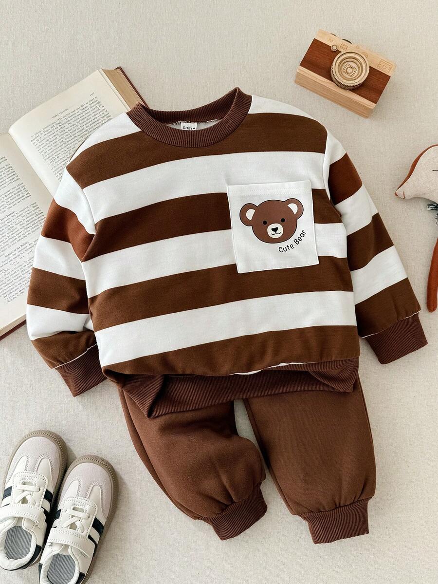 Blossori Young Boys' French Elegant Bear Patch Striped Crew Neck Sweatshirt And Jogger Pants Set - Multicolor - View 1