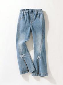 Maija Kids 年轻女孩蝴蝶结刺绣花卉下摆开衩休闲牛仔裤 - 藍色 - 查看 3