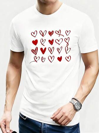 Sevgililer Günü Kalp Grafik Baskılı Erkek Günlük Kısa Kollu Tişört, Yaz İçin Bol Kesim Yuvarlak Yaka Tişört, Büyük Beden