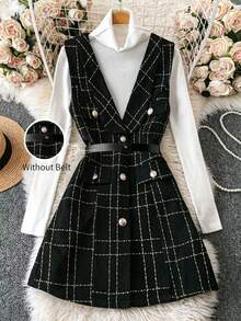 SHEIN Clasi Women's Front Button Plaid Print Elegant Sleeveless Casual Jacket