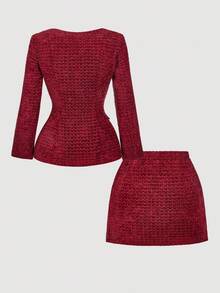 SHEIN MOD 2 件套灰色双排扣 V 领背心和裤子套装，办公室着装，复古优雅风格，学院时尚，专业，女装 - 酒紅色 - 查看 2