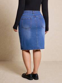 Elaquor 大码休闲水洗开衩修身牛仔裙 - 中等水洗藍 - 查看 5