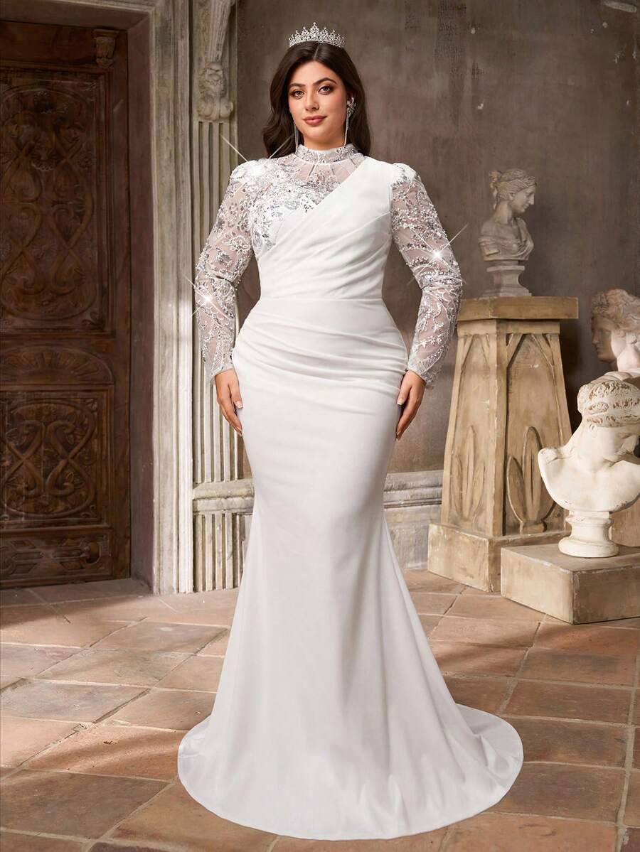 Aureia 大码优雅奢华白色串珠刺绣拼接立领长袖修身鱼尾拖尾婚纱，适合新娘活动