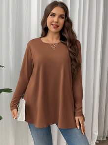 Firerie Maglietta basic a maniche lunghe con orlo a ombrello, vestibilità morbida, scollo tondo, colore unito, elegante e casual, adatta per le vacanze, taglie comode - Marrone ruggine - Visualizzare 6