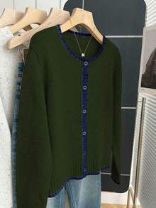 Franclia Cardigan Rajut Lengan Panjang Leher Bulat Longgar Gaya Retro Prancis dengan Hiasan Kontras untuk Wanita, Musim Gugur/Dingin - Hijau Tentara - View 5