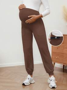 SHEIN Pantalones deportivos de maternidad con bolsillos y cintura elástica - Marrón - Ver 4