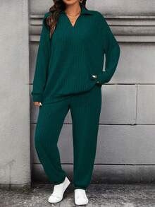 Calvaya Plus Size Casual Solid Color Long Sleeve Top And Pants 2 Pieces Set, Autumn - Dark Green - View 6