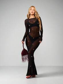 MISSGUIDED Sheer Mesh Long Sleeve Maxi Dress With Red Rhinestone Crystal Embellishments Bodycon Evening Gown - Black - View 1