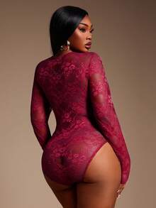 Radiana Body de encaje transparente y sexy para mujer de talla grande, adecuado para citas, fiestas, salidas, fiesta de Nochebuena - Rojo - Ver 3