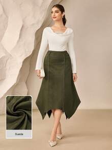 Modelyn 女士不对称A字裙，纯色复古仿麂皮面料 - 軍綠色 - 查看 11