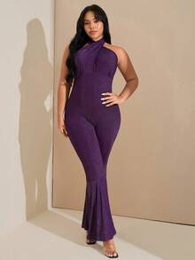 SHEIN Tall CURVE Bộ đồ liền thân hở vai lấp lánh dự tiệc cỡ lớn dành cho nữ - Màu tím - Xem 5