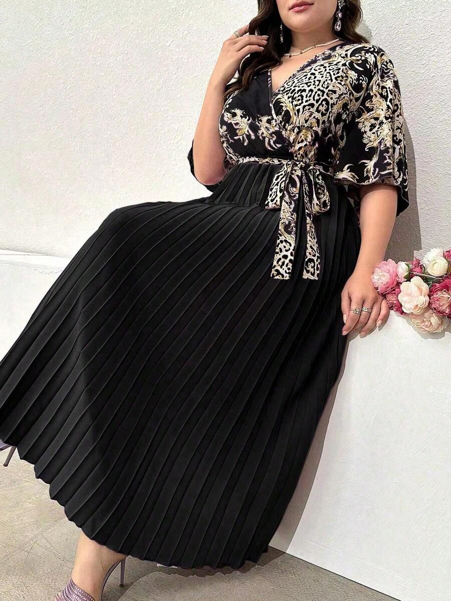 Mulvari Đầm Maxi Nữ Mùa Hè Cổ Chữ V Xếp Ly Họa Tiết Da Báo Cỡ Lớn - màu đen - Xem 1