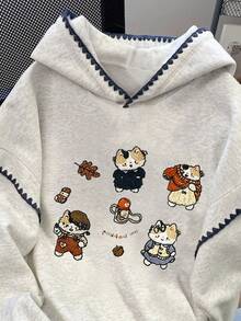 Resyla 女士卫衣 / 可爱小猫印花 / 休闲简约时尚卫衣 / 刺绣 / 时尚上衣 / 卡通卫衣 / 复古冬日卫衣 / 秋冬宽松圆领长袖连帽衫 / 女士春季套头衫、时尚卫衣、女士蕾丝边撞色连帽衫、长袖上衣、秋冬连帽衫 - 灰色 - 查看 3