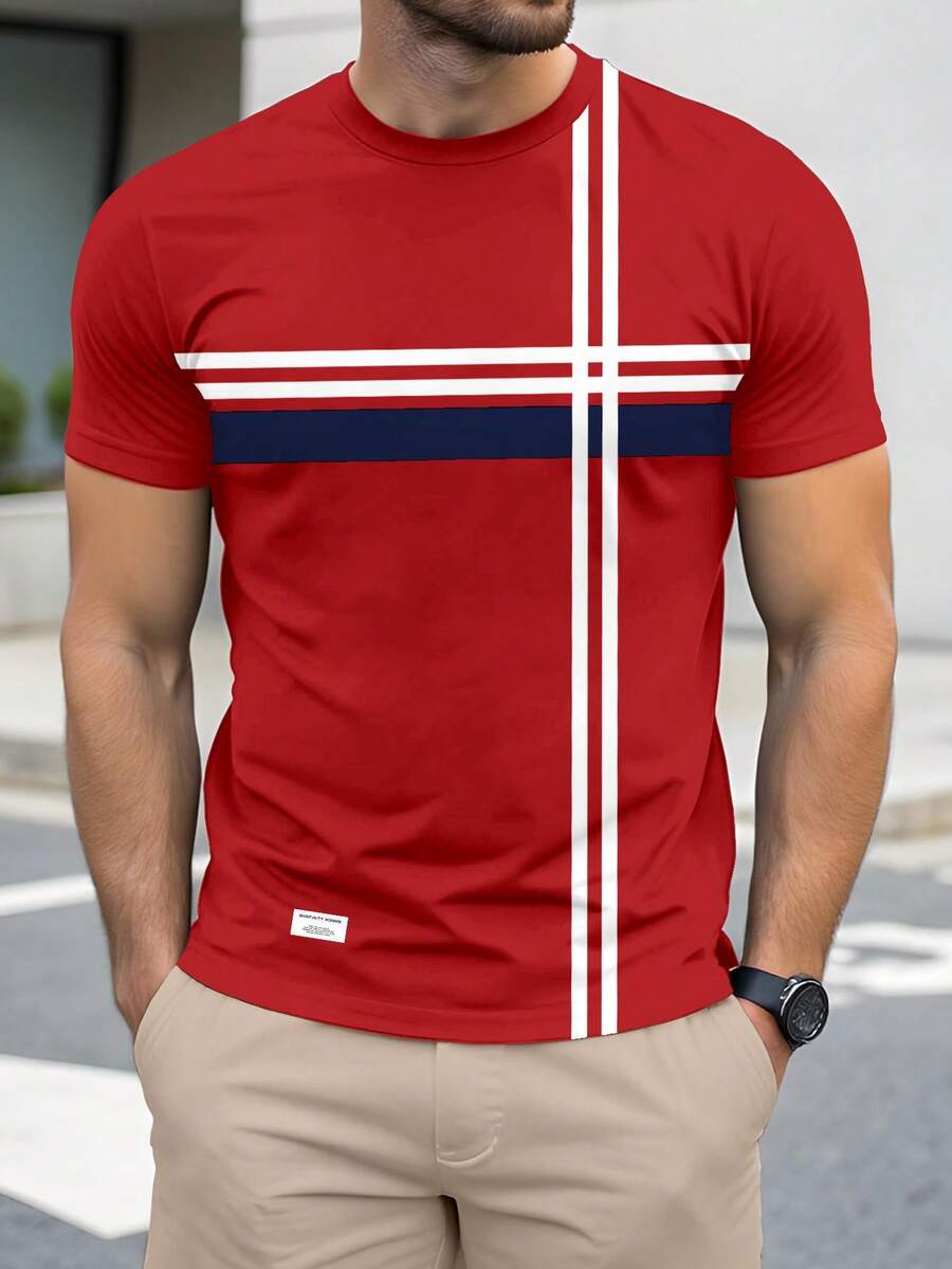 Manfinity RelaxMax Maglietta casual a girocollo a maniche corte a righe per uomo - Rosso - Visualizzare 1