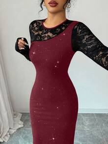 Elenzga Váy nữ mùa thu/đông lấp lánh, vải co giãn cao, cổ tròn, ren, chắp vá, vai, tay dài, thắt eo, ôm sát, thanh lịch, đa năng, thích hợp cho các buổi đi chơi và tiệc tùng, Giáng sinh - Đỏ - Xem 7