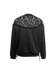 GlowEve Women's Contrast Lace Crew Neck Loose Fit Casual Sweatshirt - Black - View 2