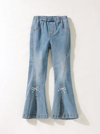 Maija Kids 年轻女孩蝴蝶结刺绣花卉下摆开衩休闲牛仔裤