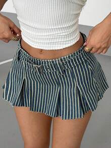 StreetHx Women's Sexy Casual Versatile Striped Waist Band Pleated Denim Mini Skirt - Dark Wash - View 4