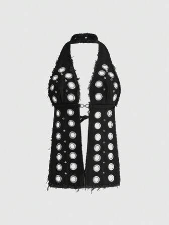 ROMWE Avant Denim sexy Metall Träger-Krawatte Denim Weste für Frauen