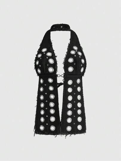 ROMWE Avant Chaleco vaquero sexy con atar de metal en el cuello para mujeres