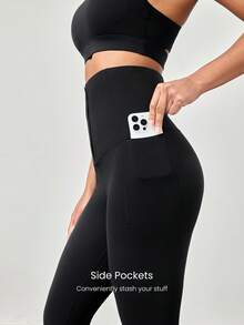 GLOWMODE 24" FeatherFit™-Sculpt Tummy Control Buttoned Leggings Corset Super High Rise Medium Impact Jogging Gym Training Daily Fall Winter - Black - View 5