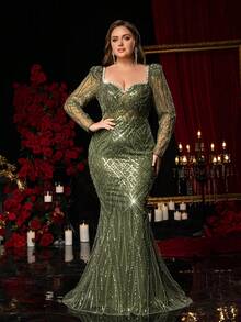 Glamrae Elegancka, luksusowa, zielona sukienka w dużym rozmiarze, z cekinami, dekoltem w serduszko, długim rękawem i dopasowanym dołem w stylu syreny, odpowiednia na wieczorne przyjęcie, randkę, bal, wesele, wakacje (bogaty haft), Walentynki - Zielony - Zobacz 3
