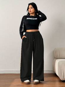 SHEIN EZwear Plus Size Autumn, Winter Casual Leopard Print Patchwork Sweatpants Graduation, Back To School, Teacher For Women - Black - View 4