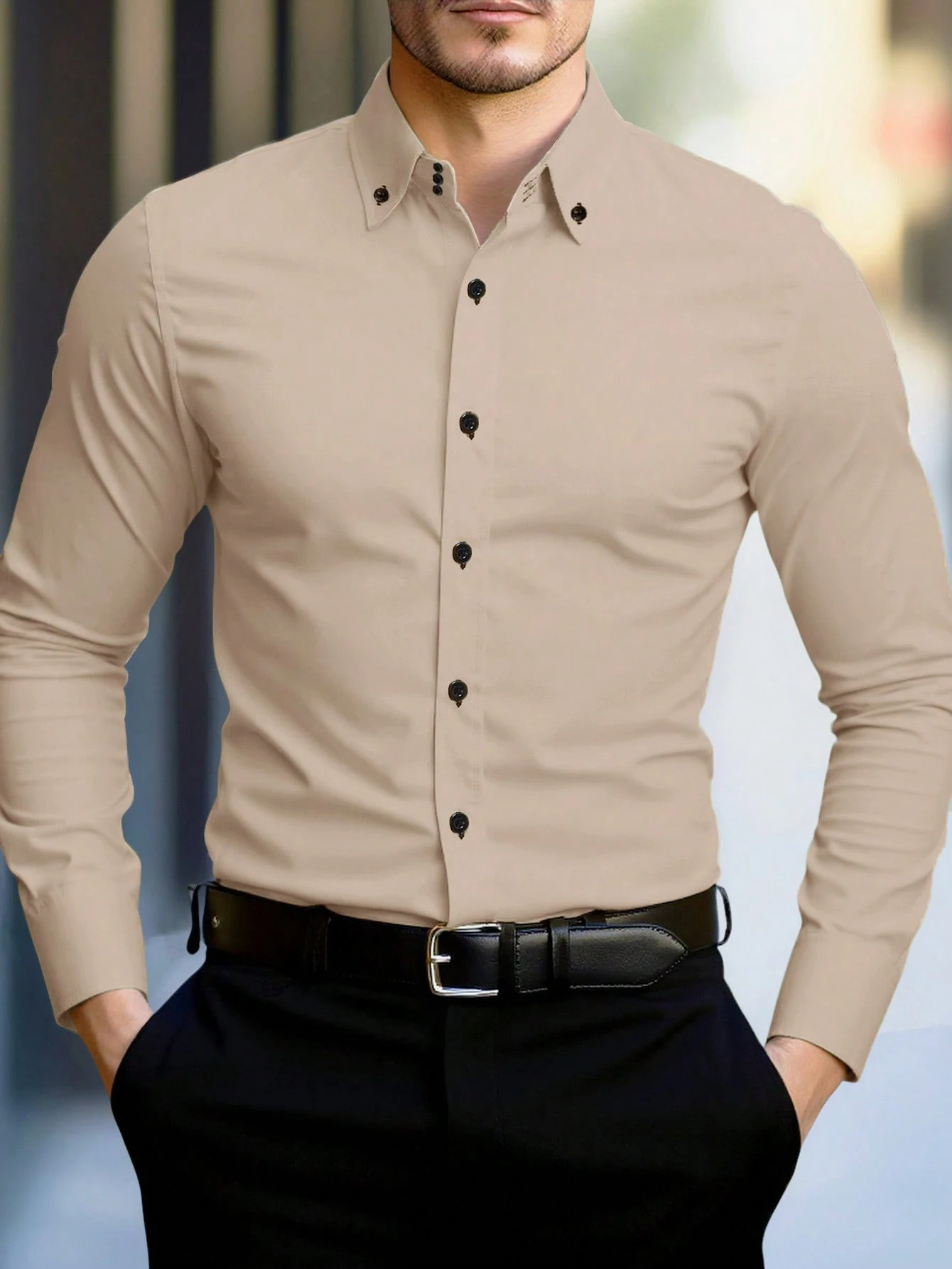 Manfinity Mode قميص رجالي كاجوال بلون موحد بأكمام طويلة، متعدد الاستخدامات للخريف، قميص بني فاتح للأعمال والمناسبات الرسمية والحفلات