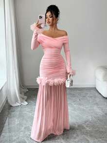 Elenzga Frühlings- und Herbst-Neuankömmling, elegantes romantisches Kleid mit 3D-Blumenbesatz, Kreuzträger, Off-Shoulder Ausschnitt, Langarm, Raffung, figurbetonter Passform, Mesh-Patchwork für Damen