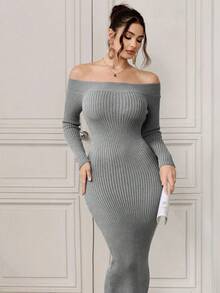 Modelyn Robe pull élégante à manches longues et épaules dénudées de couleur unie bordeaux pour femmes