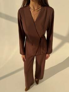 Aloruh Completo da donna composto da blazer aderente minimalista da ufficio/pendolarismo di colore marrone + pantaloni a gamba ampia, set casual per donne - Cachi - Visualizzare 6