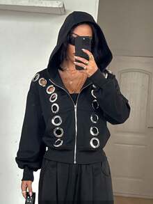 Coolane 女士秋冬街头风Y2K朋克风带口袋拉链舒适黑色连帽卫衣 - 黑色 - 查看 7