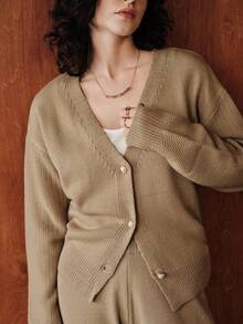 Conjunto de 2 piezas de suéter para mujer Uhlyne, top de manga larga con cuello en V y pantalones, minimalista, vintage, elegante y casual de unicolor con detalles de botones, adecuado para el uso diario, el ocio y eventos formales, otoño/invierno - Camel - Ver 7
