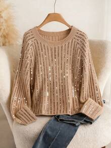 SHEIN Franclia Áo len chui đầu cổ tròn tay dài dáng rộng màu trơn đính sequin cỡ lớn cho nữ, mùa thu/đông - Màu Khaki - Xem 1